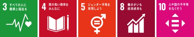 3.すべての人に健康と福祉を 4.質の高い教育をみんなに 5.ジェンダー平等を実現しよう 8.働きがいも経済成長も 10.人や国の不平等をなくそう