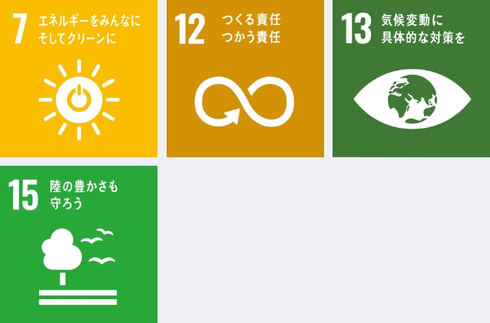 7.エネルギーをみんなに そしてクリーンに 12.つくる責任 つかう責任 13.気候変動に具体的な対策を 15.陸の豊かさも守ろう